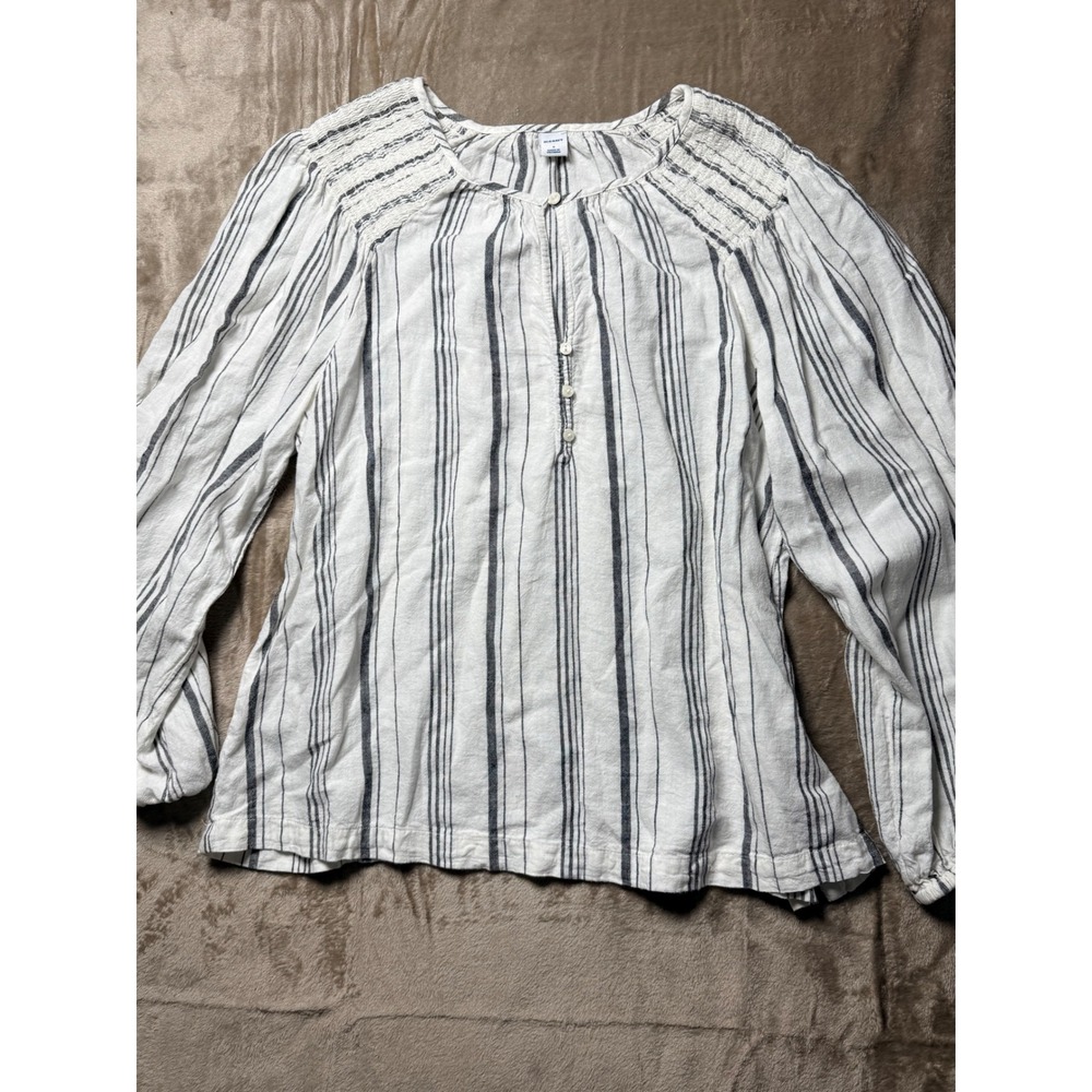 Old Navy‎ Womens Small Linen Blend Striped Smocked Peasant Blouse Boho Beach